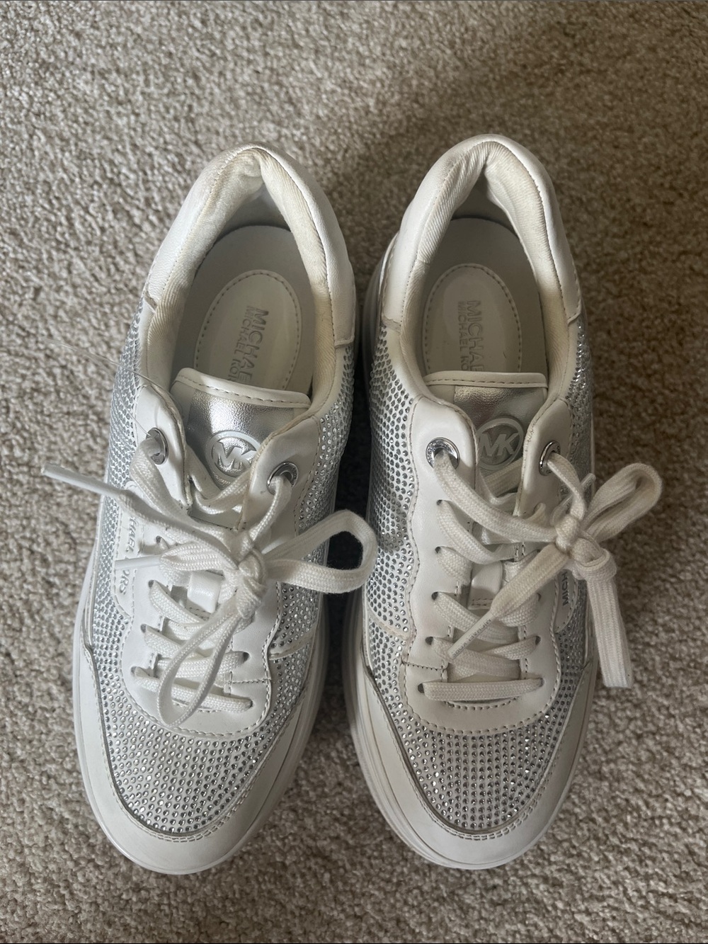 MICHAEL Michael Kors Hayes White and Silver Lace Up Rhinestone Sneakers, 6 - Picture 3 of 5